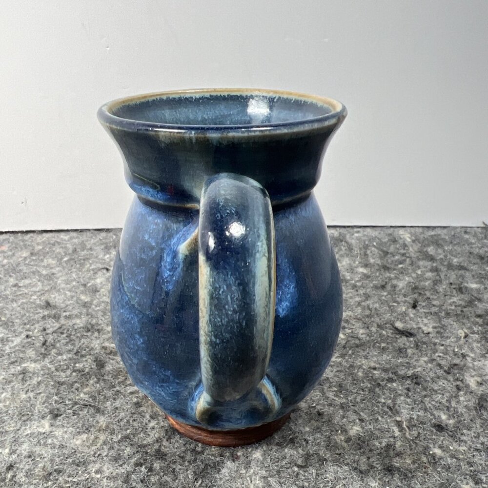 Studio Pottery Belly Coffee Mug Blue Drip Glaze Brown Carved Signed By KERRY IC - Picture 3 of 12